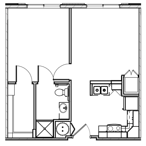Floor plan for 1 bed, 1 bath, 576 sqft